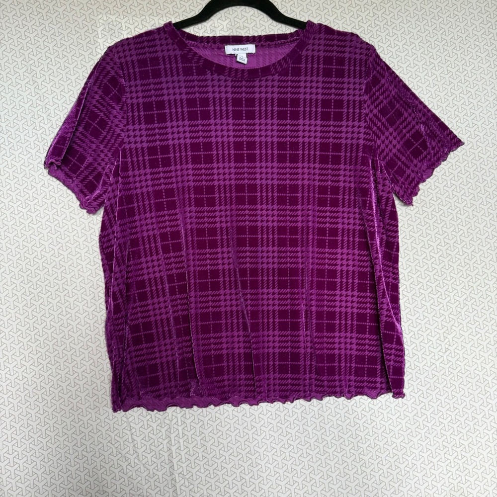 NINE WEST Women's Purple Plaid‎ Velvet Short Sleeve Shirt Top Size L